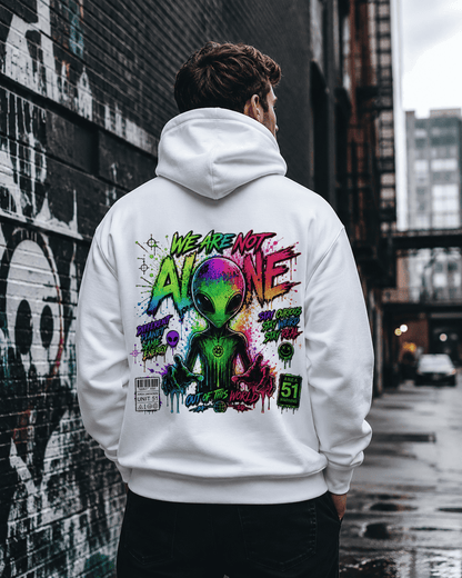 White hoodie worn from behind, featuring a colorful alien graphic on the back