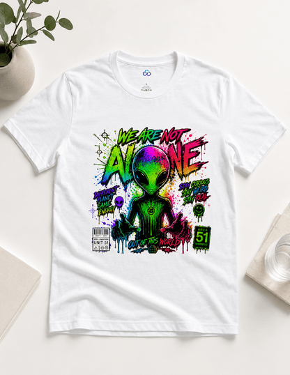White graphic T-shirt with alien head and neon text front print
