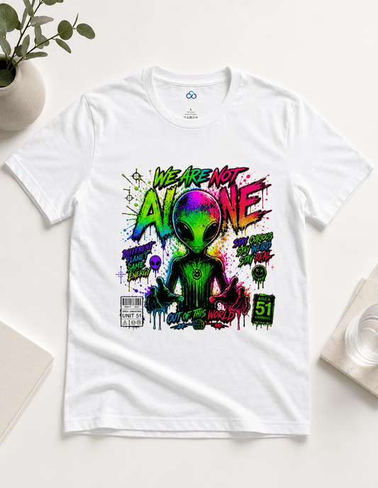 White graphic T-shirt with alien head and neon text front print