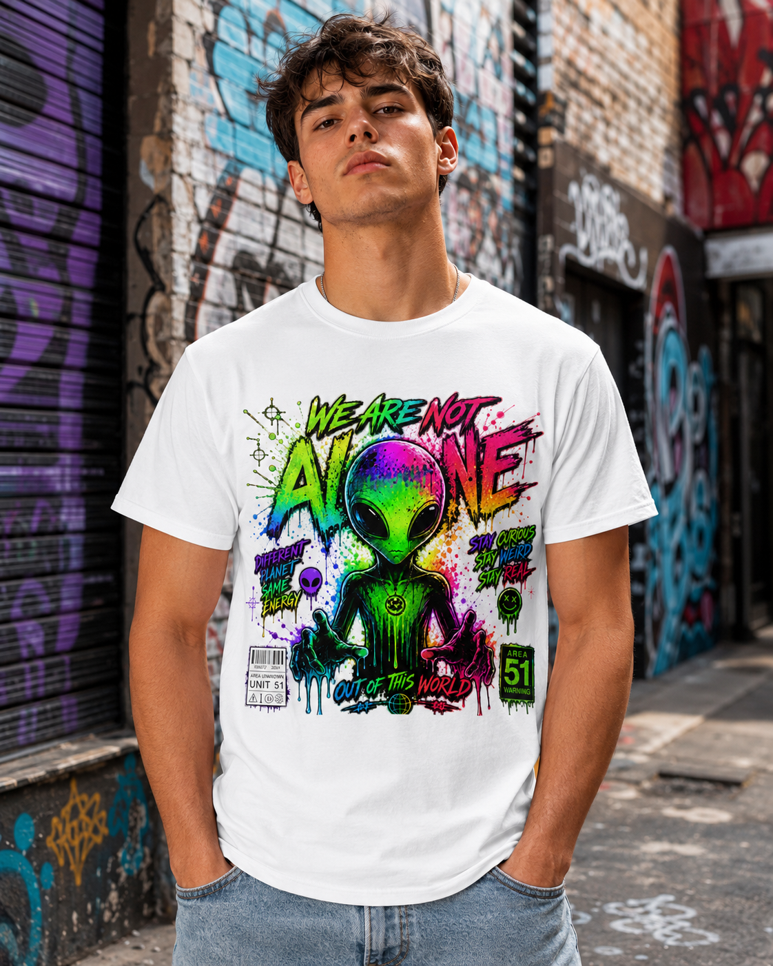 White graphic T-shirt on man, alien head with colorful neon street-style print