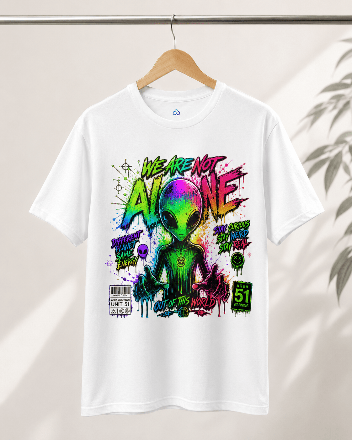 White graphic T-shirt on hanger, alien head and neon front print