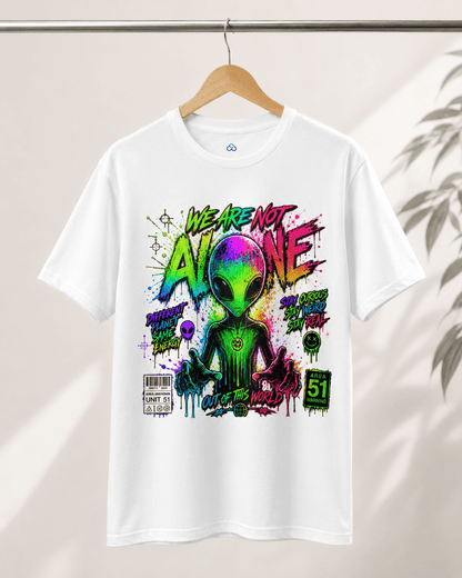 White graphic T-shirt on hanger, alien head and neon front print