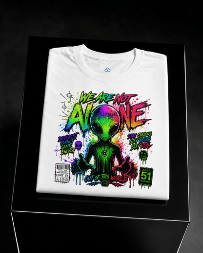 Folded white graphic T-shirt with alien head and neon front artwork