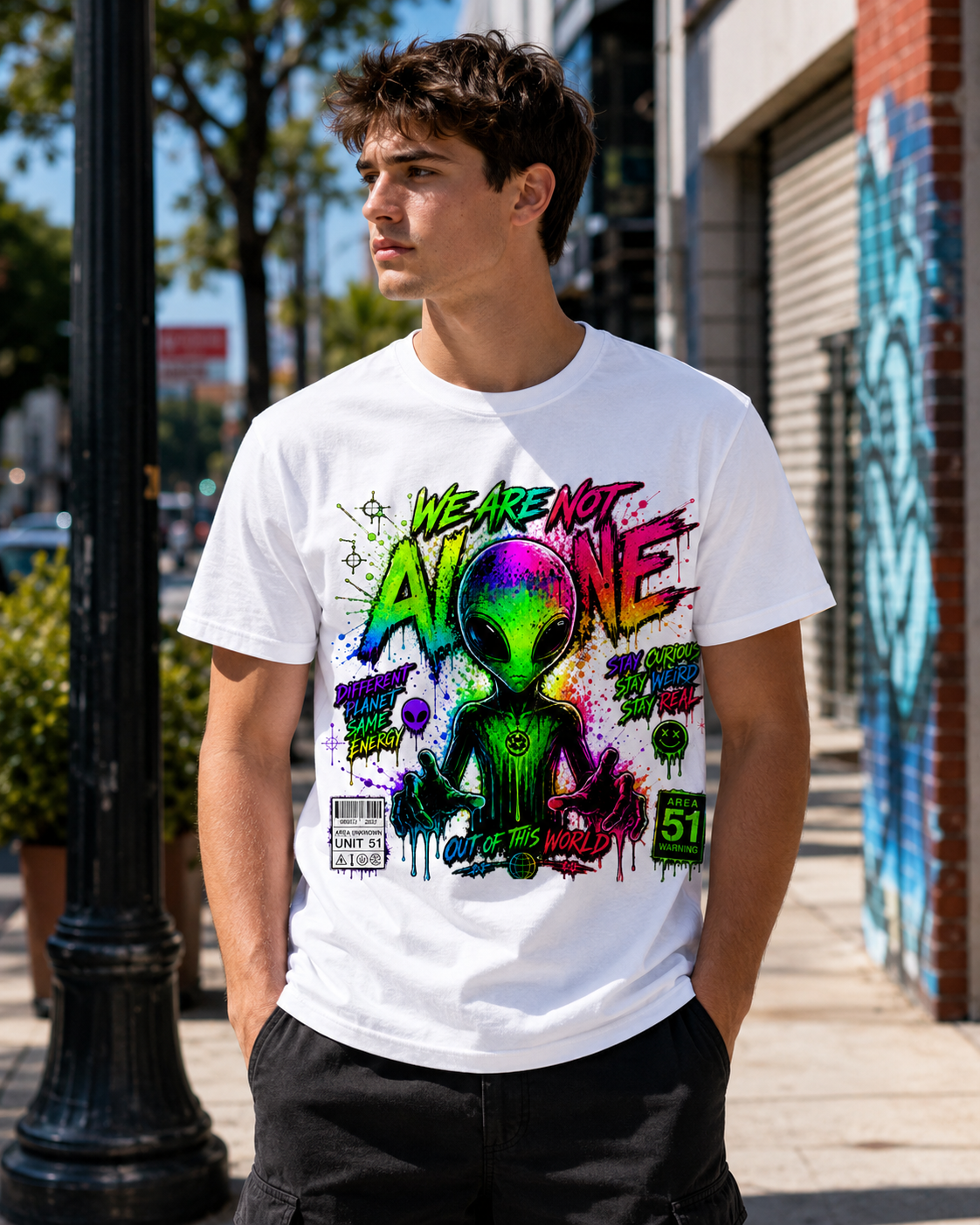 White graphic T-shirt on man in profile, alien head graphic front print