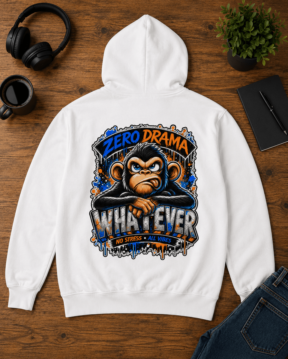 White pullover hoodie with large back graphic cartoon monkey and 'WHAT-EVER' text