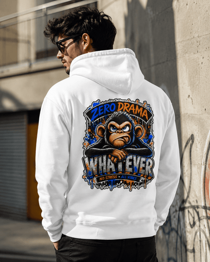 White hoodie, back view, cartoon monkey design across the upper back