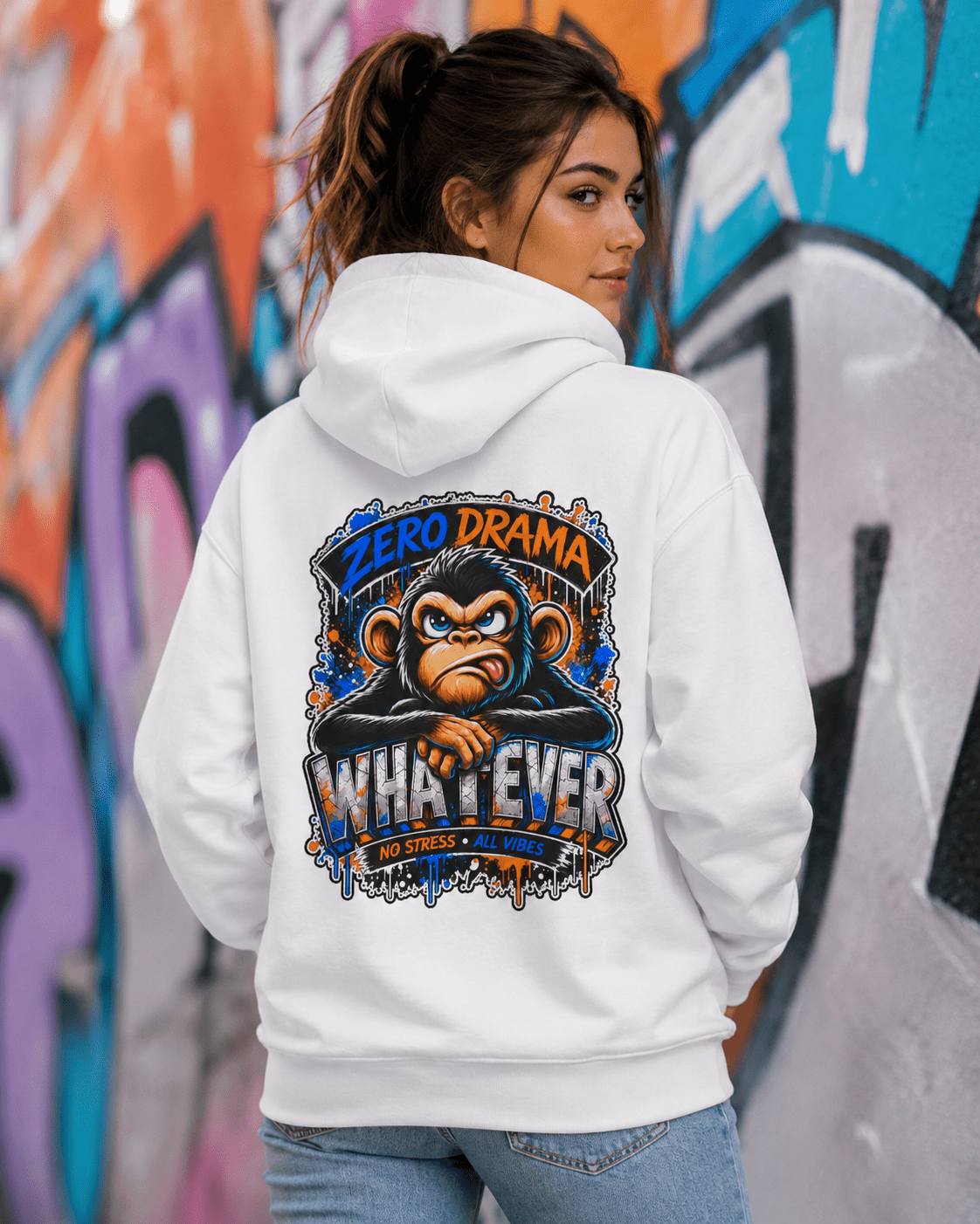 White pullover hoodie, back view, graphic cartoon monkey centered on the hooded sweatshirt