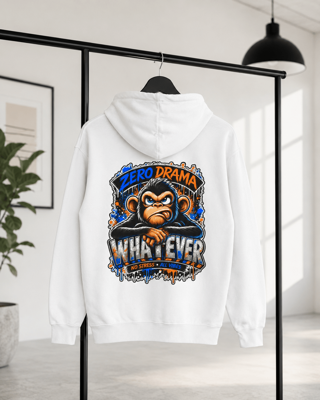 White hoodie, back view, featuring colorful cartoon monkey graphic with 'WHAT-EVER' slogan