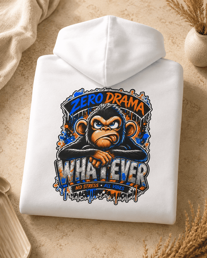 Folded white hoodie with large back graphic cartoon monkey and 'WHAT-EVER' lettering