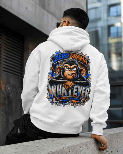 White hoodie, back view, colorful cartoon monkey graphic with 'WHAT-EVER' text