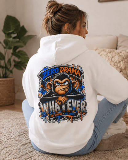 White hoodie, back view, large cartoon monkey graphic with blue and orange accents